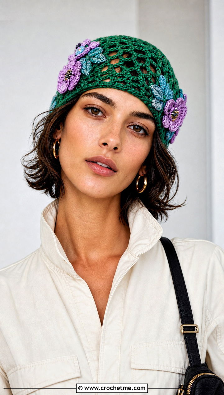 Floral Applique Crochet Mesh Beanie With Utility Jumpsuit - 25 crochet mesh beanie outfit ideas