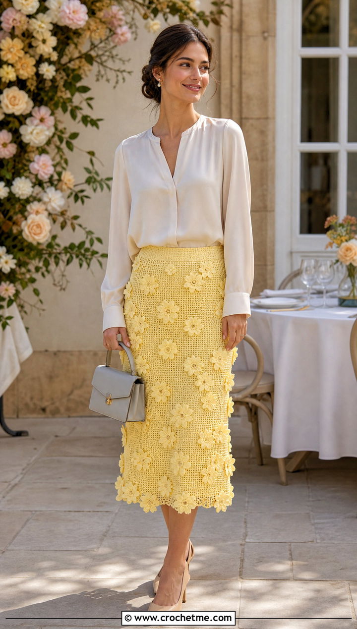 Floral Applique Crochet Midi Skirt With Silk Blouse - 30 diy crochet skirt outfit ideas