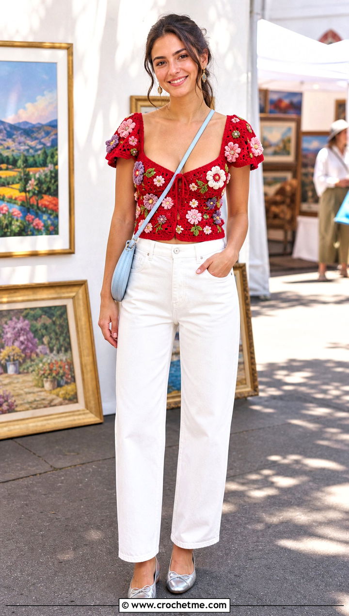 Floral Applique Crochet Milkmaid Top With White Jeans - 20 Crochet Milkmaid Top outfit ideas