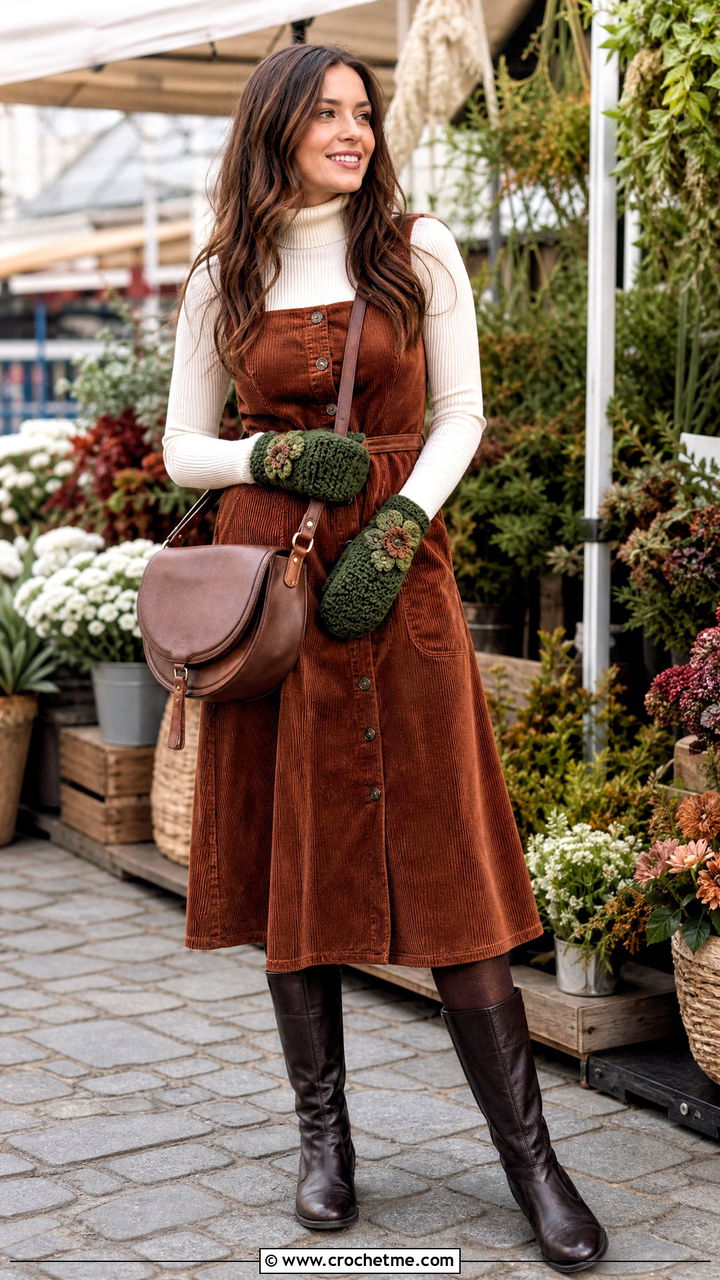 Floral Applique Crochet Mittens With Corduroy Dress - 35 crochet mittens outfit ideas