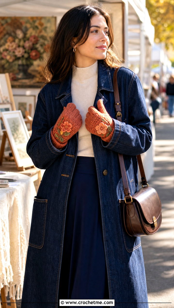 Floral Applique Crochet Mittens With Denim Coat and Maxi Skirt - 25 Simple Crochet Mittens outfit ideas