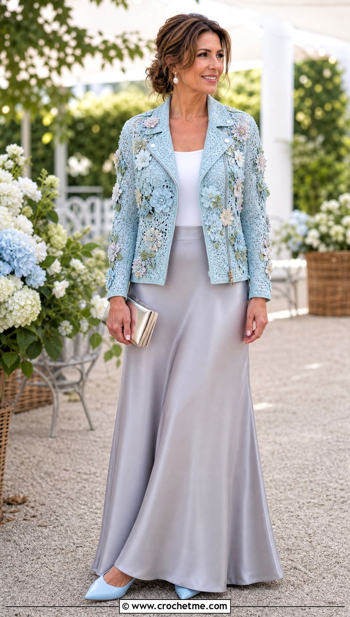Floral Applique Crochet Moto Jacket With Satin Maxi Skirt - 15 Crochet Moto Jacket outfit ideas