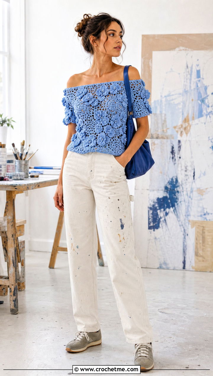 Floral Applique Crochet Off The Shoulder Top With Painter Pants - 35 Crochet Off The Shoulder Top outfit ideas