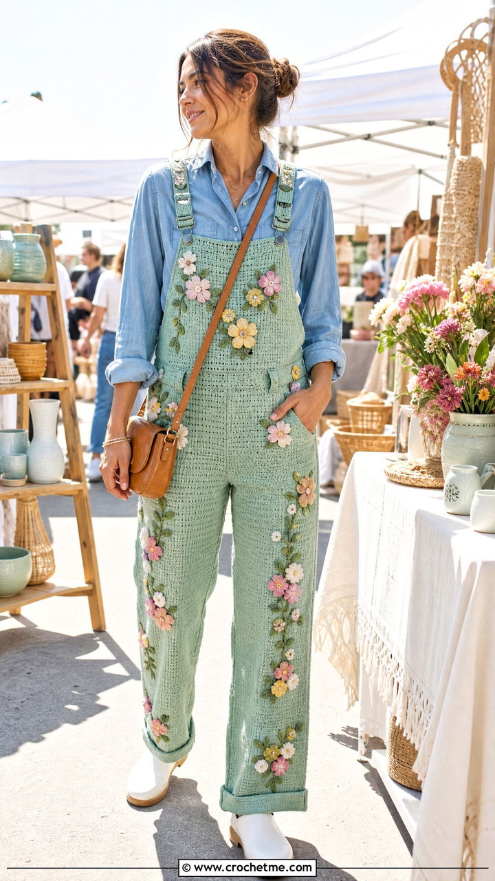 Floral Applique Crochet Overalls With Denim Shirt - 35 crochet overalls outfit ideas