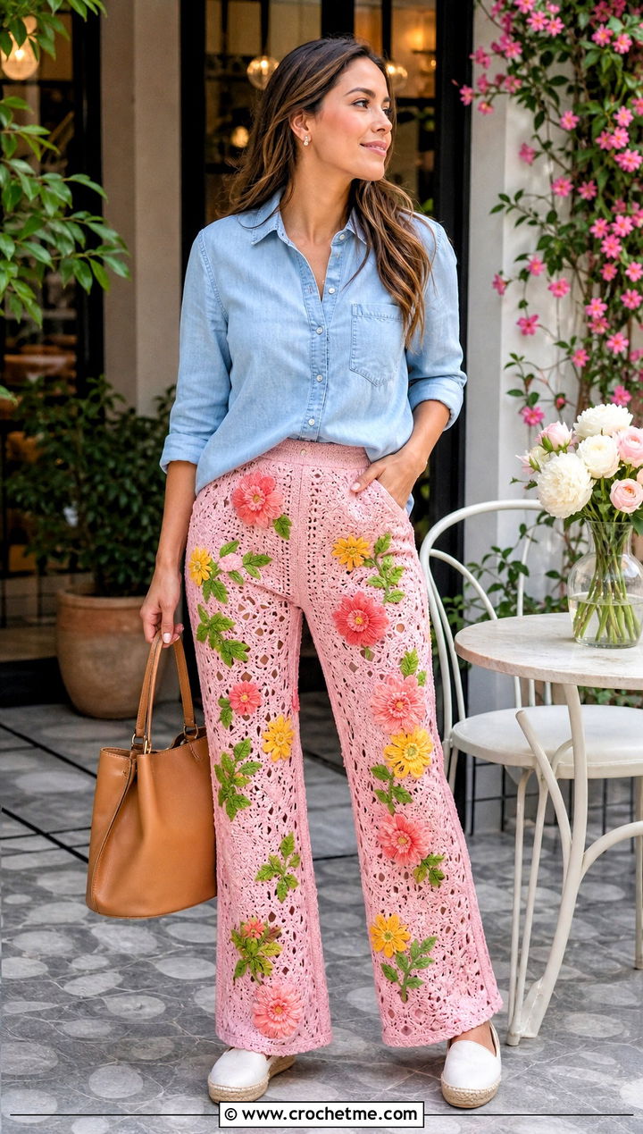 Floral Applique Crochet Pants With Chambray Top - 25 colorful crochet pants outfit ideas