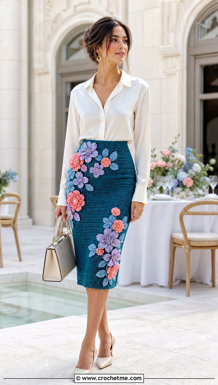 Floral Applique Crochet Pencil Skirt With Silk Blouse - 15 colorful crochet skirt designs outfit ideas