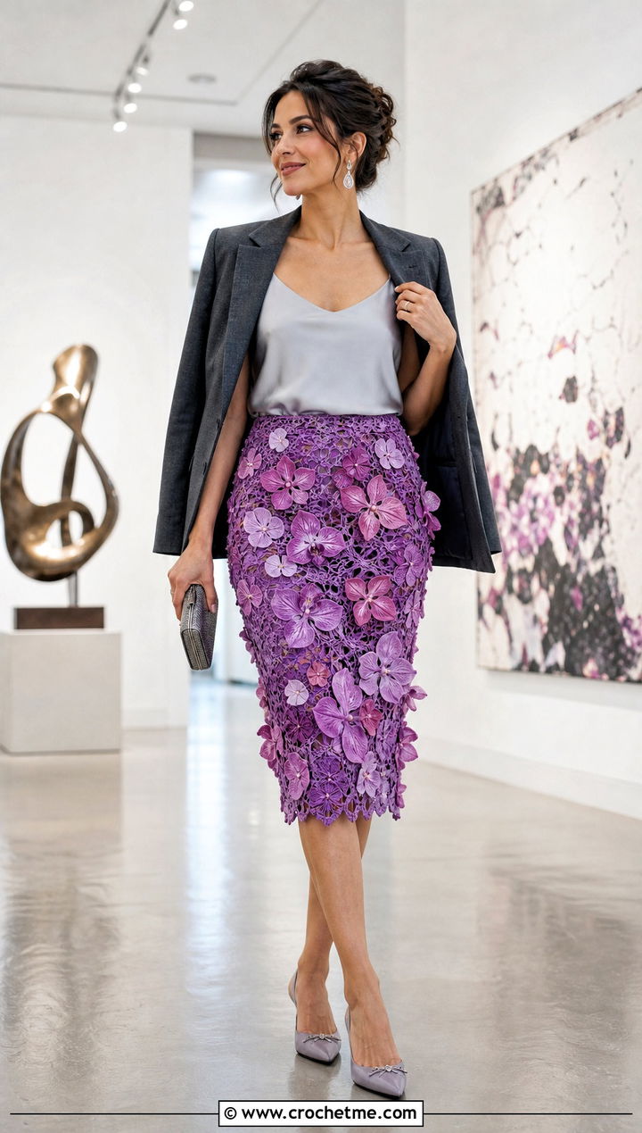 Floral Applique Crochet Pencil Skirt With Silk Camisole - 25 Crochet Pencil Skirt outfit ideas
