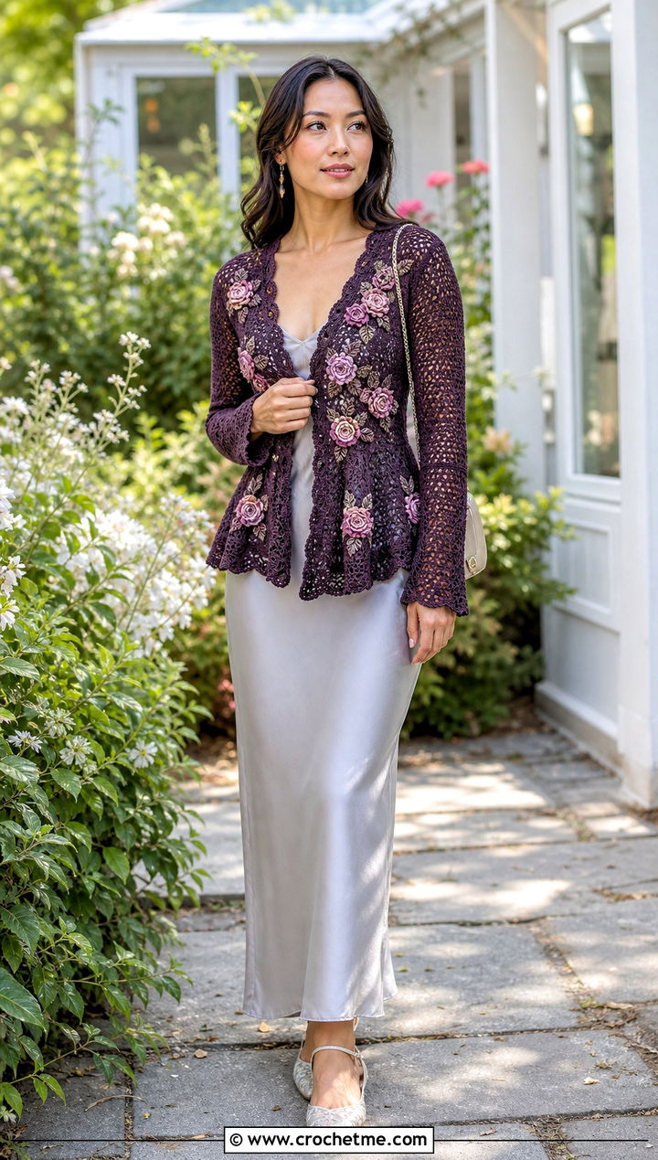 Floral Applique Crochet Peplum Cardigan With Slip Dress - 25 Crochet Peplum Cardigan outfit ideas
