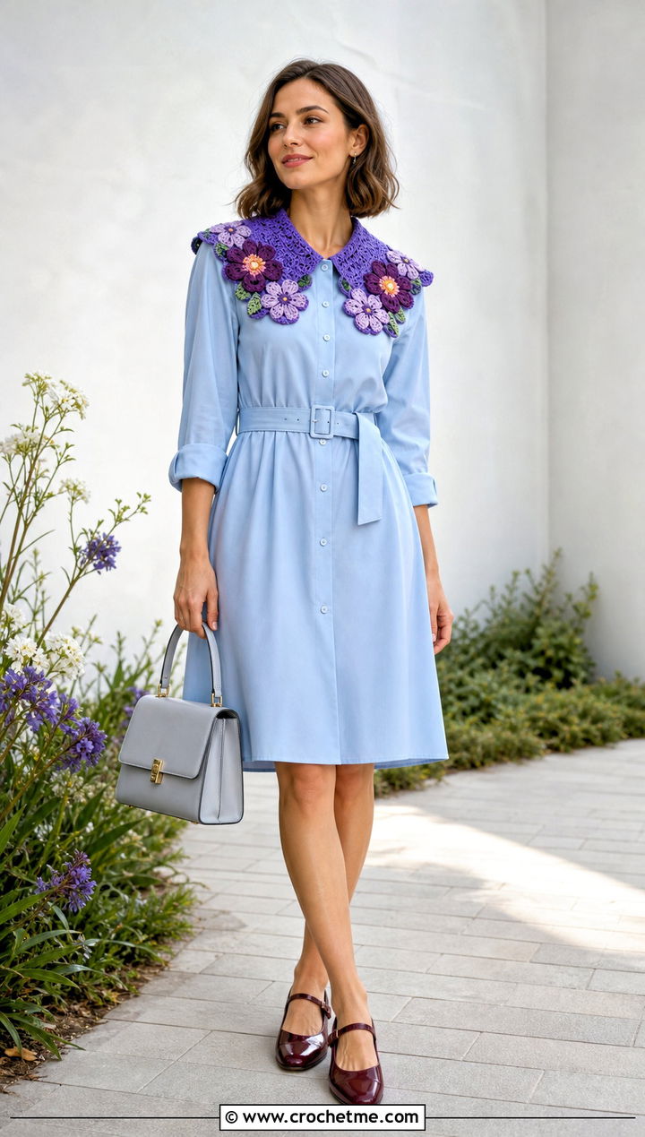 Floral Applique Crochet Peter Pan Collar With Shirt Dress - 35 crochet peter pan collar outfit ideas