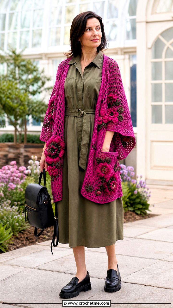 Floral Applique Crochet Pocket Shawl With Utility Dress - 35 crochet pocket shawl outfit ideas