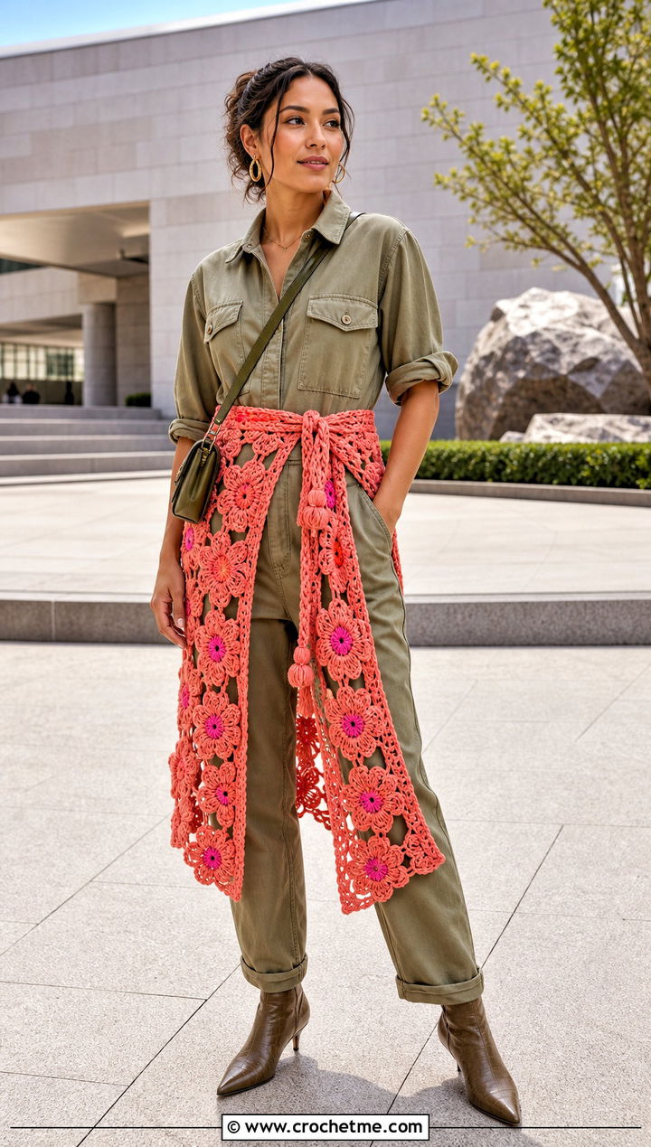 Floral Applique Crochet Pocket Wrap With Utility Jumpsuit - 25 Crochet Pocket Wrap outfit ideas