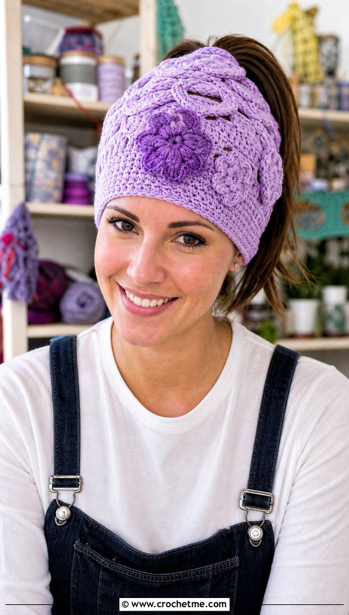 Floral Applique Crochet Ponytail Hat With Overalls - 30 crochet hat with ponytail hole outfit ideas