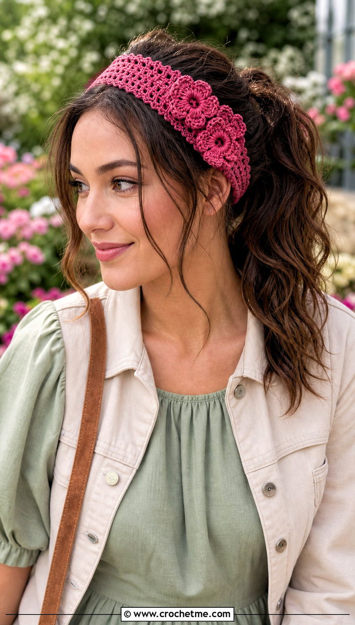 Floral Applique Crochet Ponytail Headband With Midi Dress - 20 Crochet Ponytail Headband outfit ideas