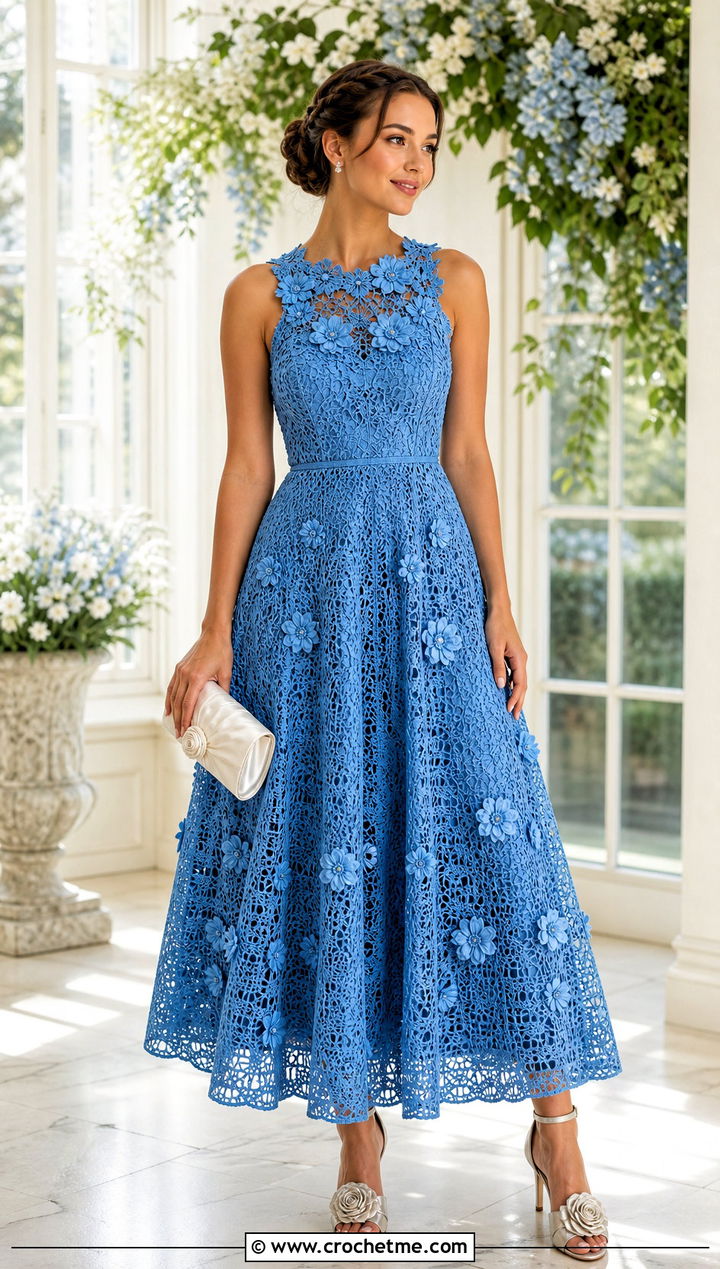 Floral Applique Crochet Prom Dress With Rosette Heels - 30 Prom Crochet Dress outfit ideas