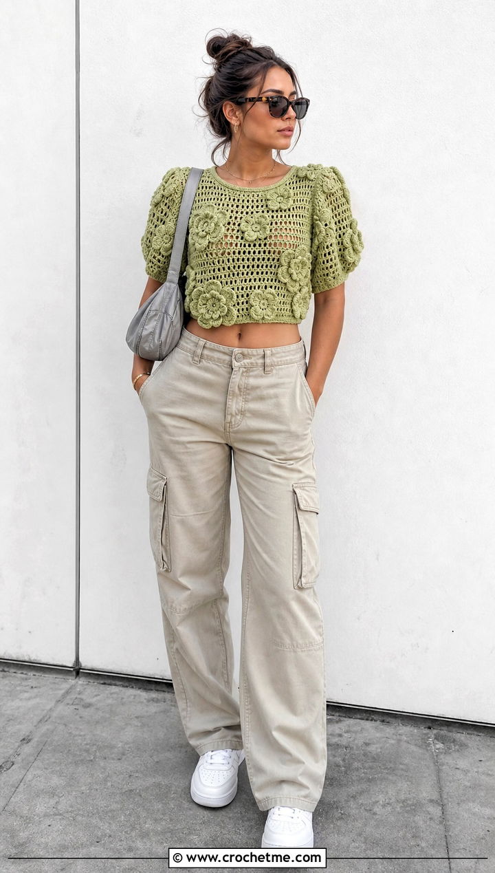 Floral Applique Crochet Puff Sleeve Top With Cargo Pants - 35 crochet puff sleeve top outfit ideas