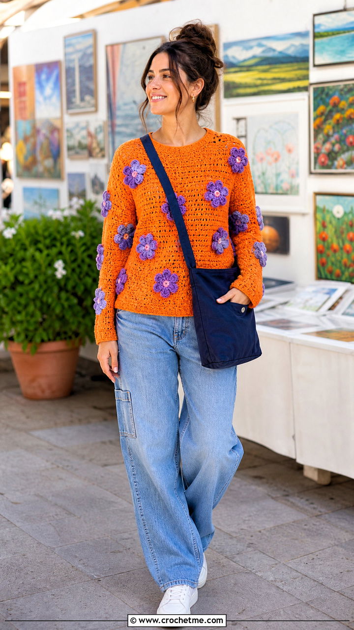 Floral Applique Crochet Pullover With Carpenter Jeans - 35 crochet pullover outfit ideas