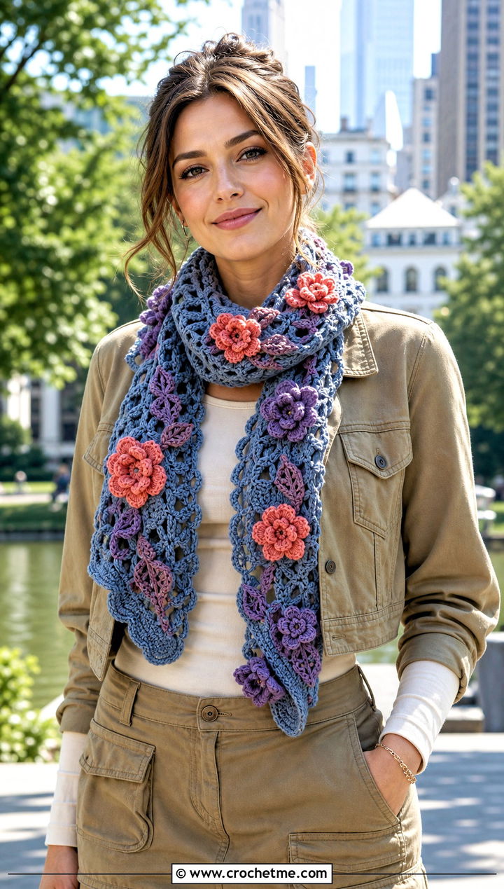 Floral Applique Crochet Roll Up Scarf With Cargo Skirt - 25 Crochet Roll Up Scarf outfit ideas