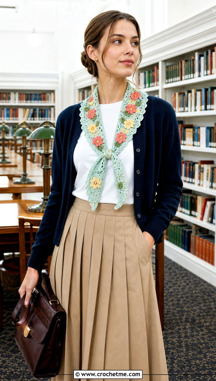 Floral Applique Crochet Sally Scarf With Cardigan And Skirt - 20 Crochet Sally Scarf outfit ideas