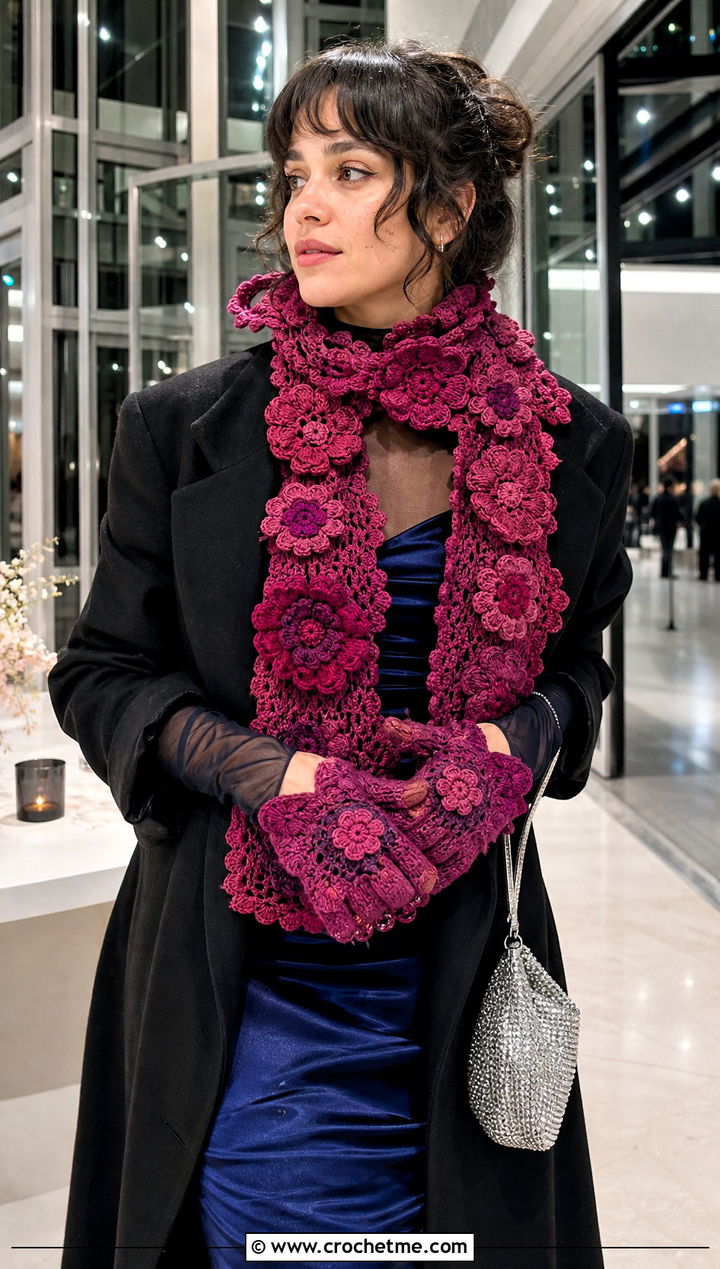 Floral Applique Crochet Scarf And Scalloped Mittens With Slip Dress - 15 Crochet Scarf And Mittens Set outfit ideas