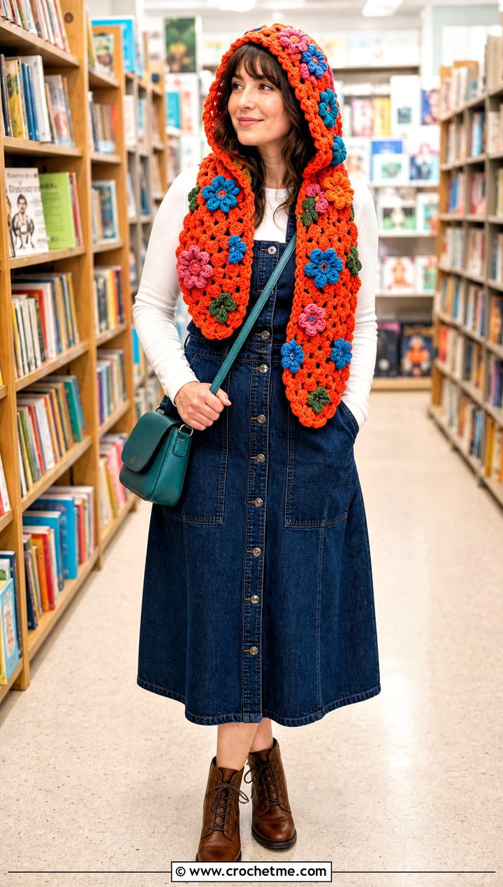 Floral Applique Crochet Scarf Hood With Overall Dress - 30 crochet scarf hood outfit ideas