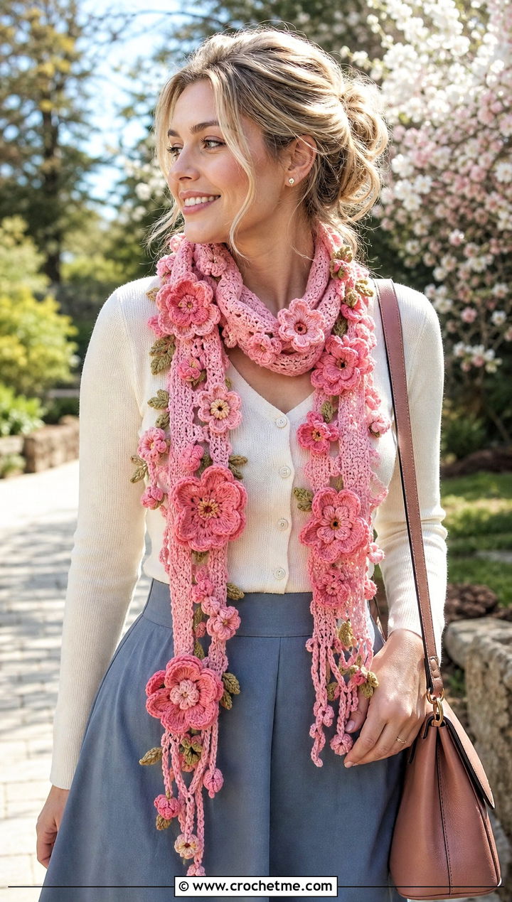Floral Applique Crochet Scarf With Cardigan And Midi Skirt - 25 super crochet scarf outfit ideas