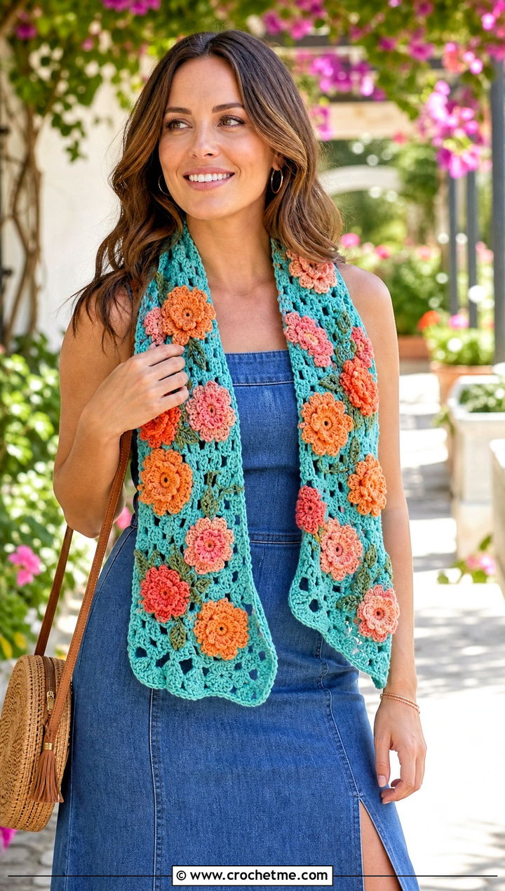 Floral Applique Crochet Scarf With Denim Dress - 25 Multifunctional Crochet Scarf outfit ideas