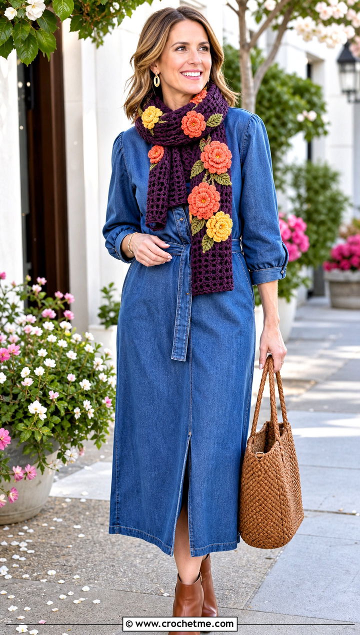 Floral Applique Crochet Scarf With Denim Dress - 30 unique crochet scarf outfit ideas