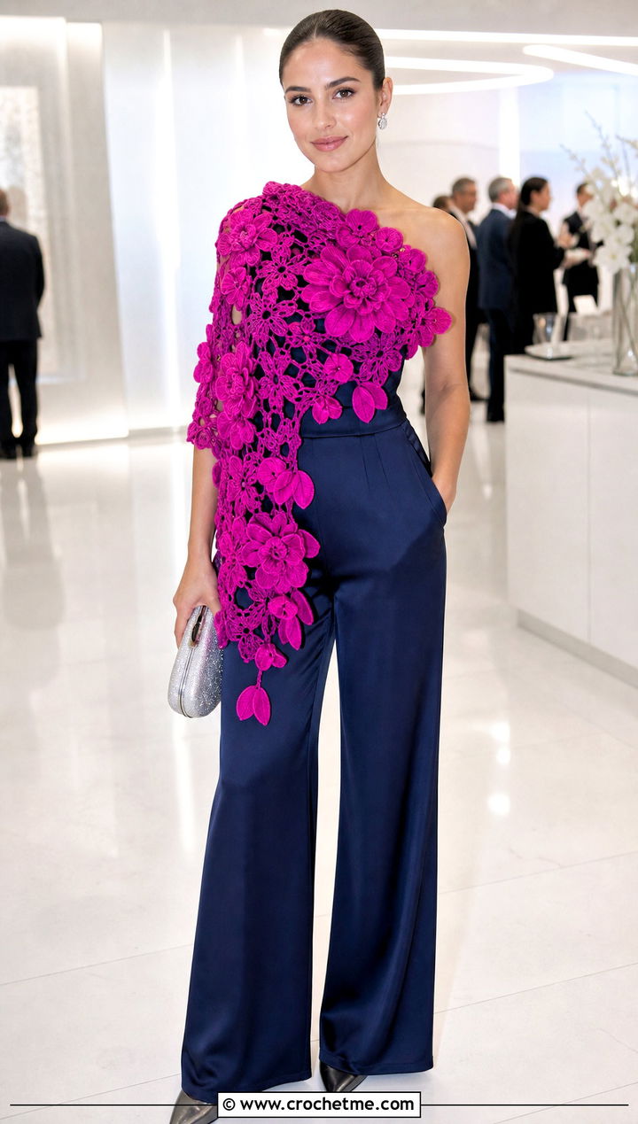 Floral Applique Crochet Scarf With Evening Jumpsuit - 25 Crochet Fun Scarf outfit ideas