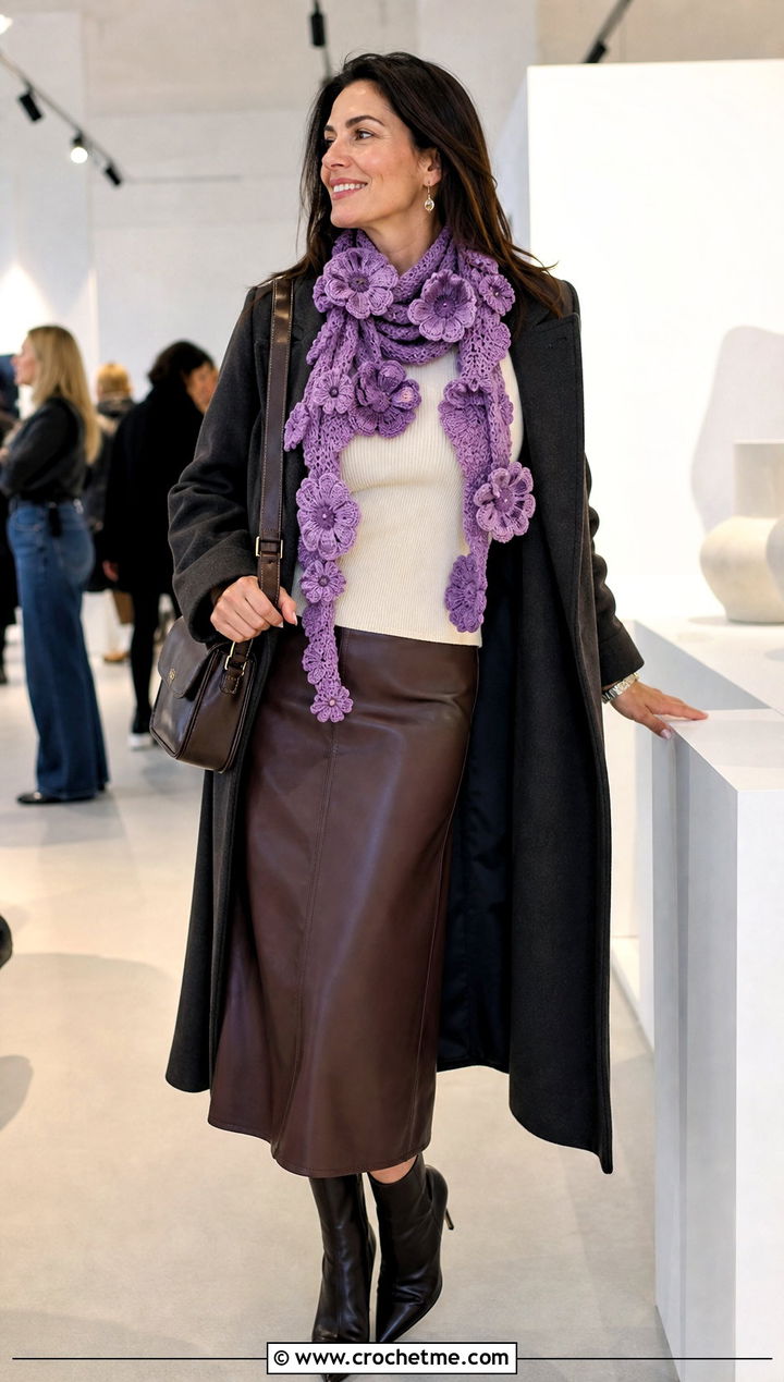 Floral Applique Crochet Scarf With Leather Skirt - 30 autumn crochet scarf outfit ideas