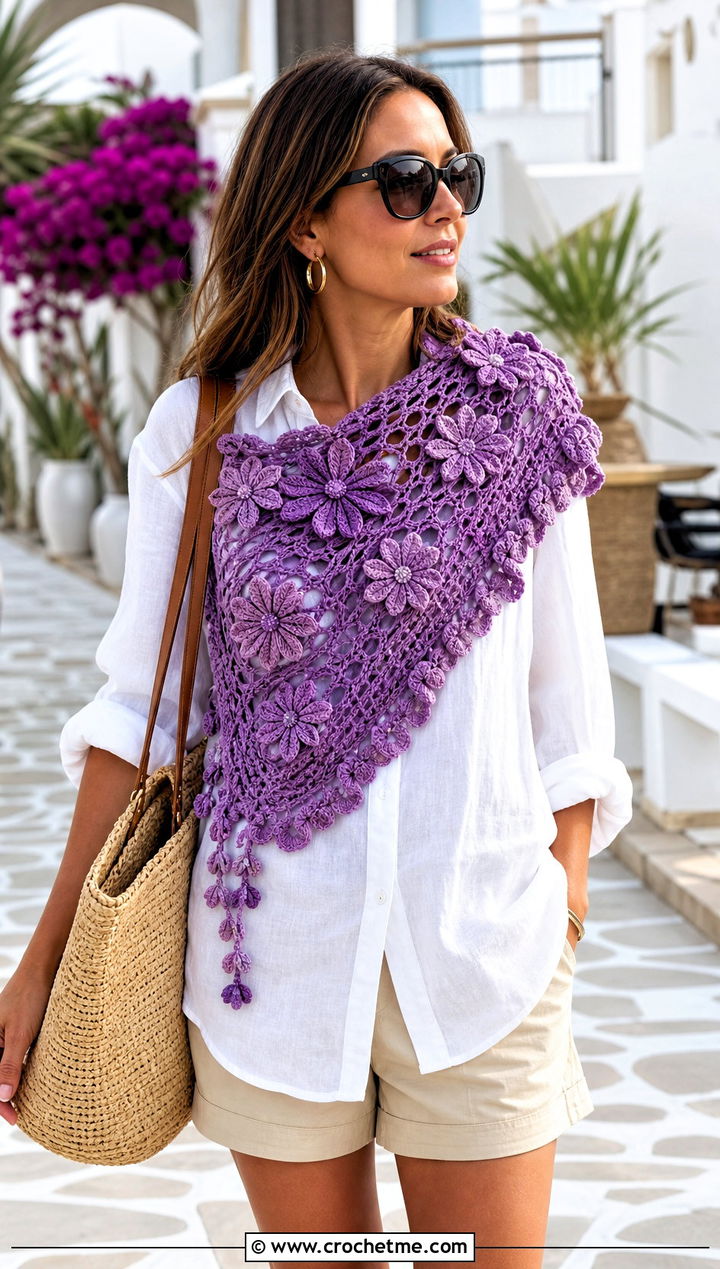Floral Applique Crochet Scarf With Linen Shirt And Shorts - 15 Vibrant Crochet Scarf outfit ideas