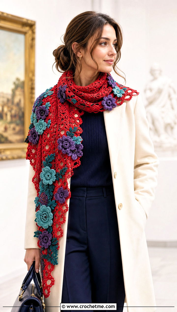 Floral Applique Crochet Scarf With Minimalist Coat - 15 Winter Crochet Scarf Design outfit ideas