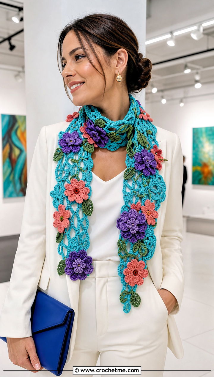 Floral Applique Crochet Scarf With Minimalist Suit - 15 Textured Crochet Scarf Design outfit ideas