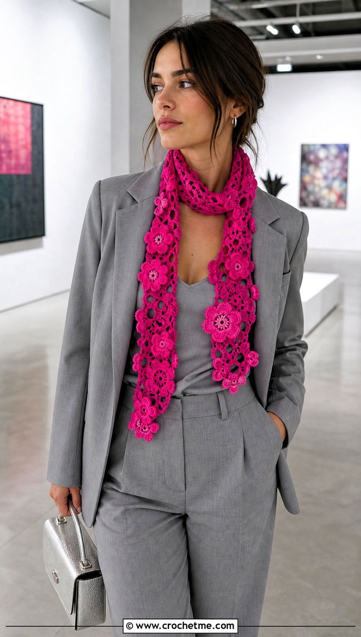 Floral Applique Crochet Scarf With Monochrome Suit - 15 elegant crochet scarf design outfit ideas