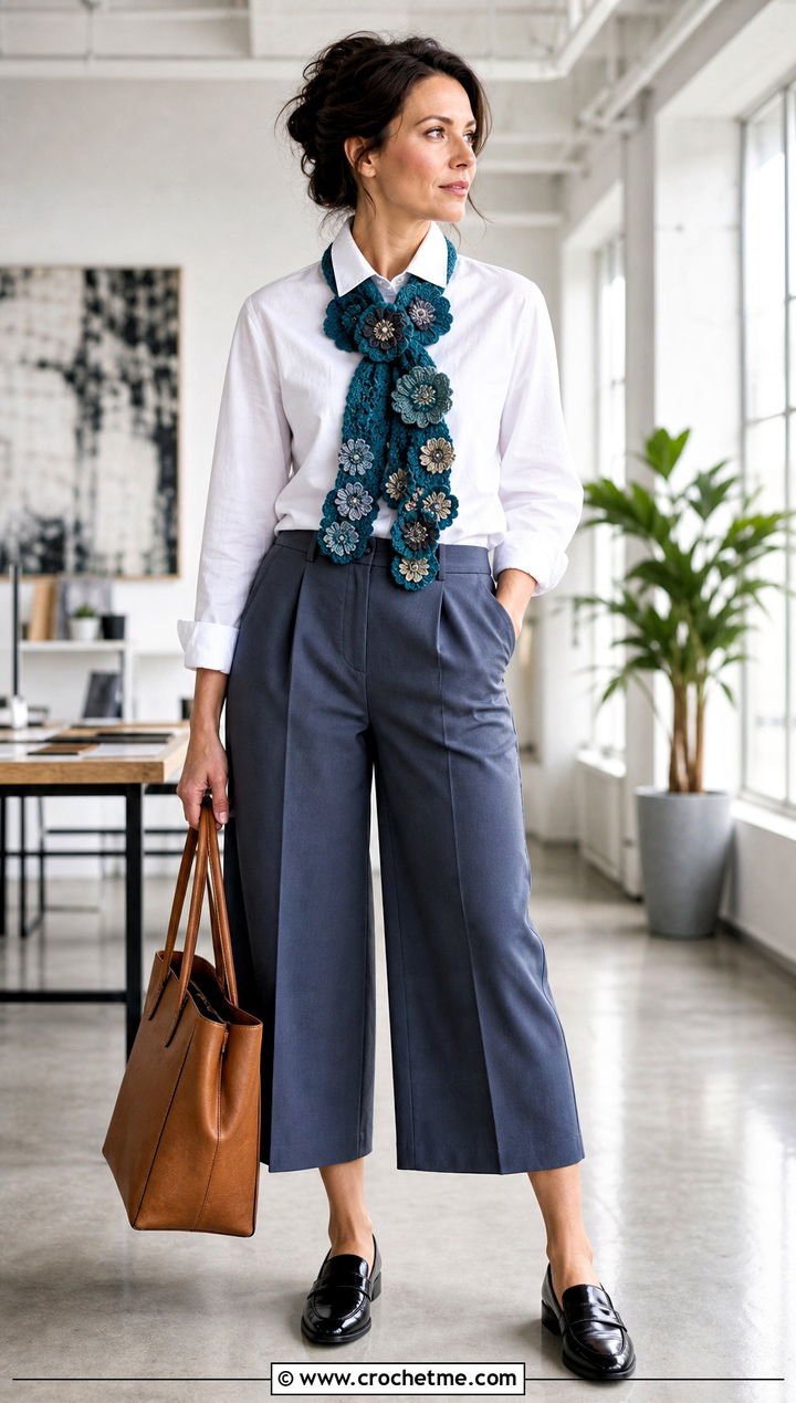 Floral Applique Crochet Scarf With Poplin Shirt And Culottes - 35 small crochet scarf outfit ideas