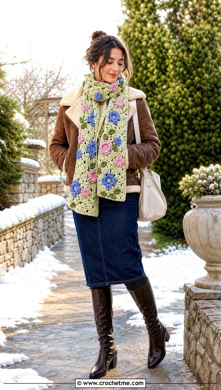 Floral Applique Crochet Scarf With Shearling Jacket and Denim Skirt - 35 Winter Crochet Scarf outfit ideas