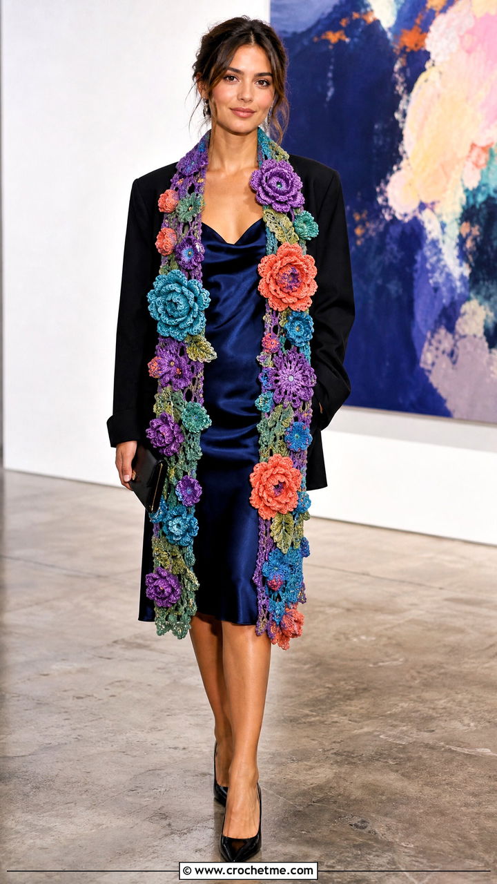 Floral Applique Crochet Scarf With Slip Dress And Blazer - 35 crochet scarf ideas