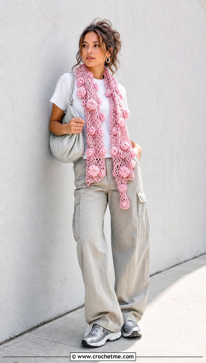 Floral Applique Crochet Scarf With T Shirt And Cargo Pants - 35 summer crochet scarf outfit ideas