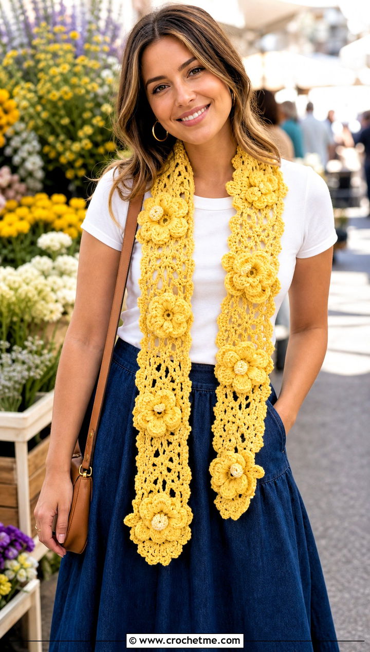 Floral Applique Crochet Scarf With T Shirt And Midi Skirt - 25 pretty crochet scarf outfit ideas