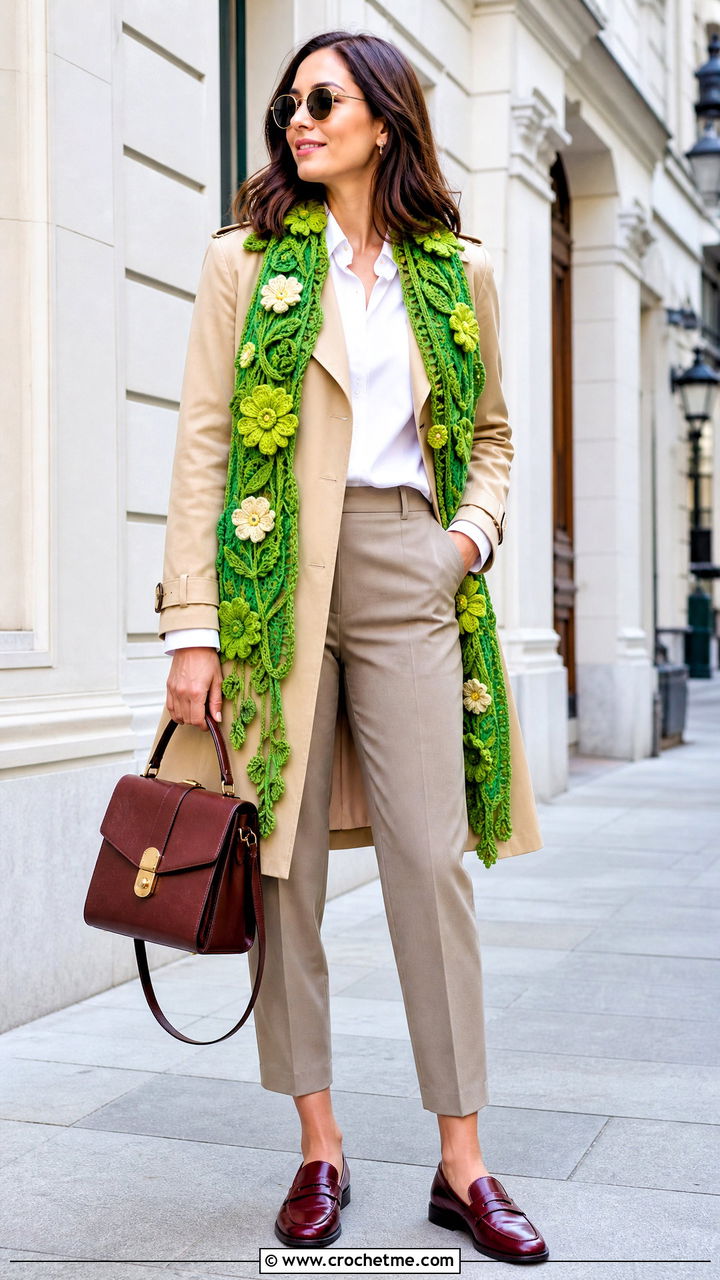 Floral Applique Crochet Scarf With Trench Coat And Loafers - 35 quick crochet scarf outfit ideas
