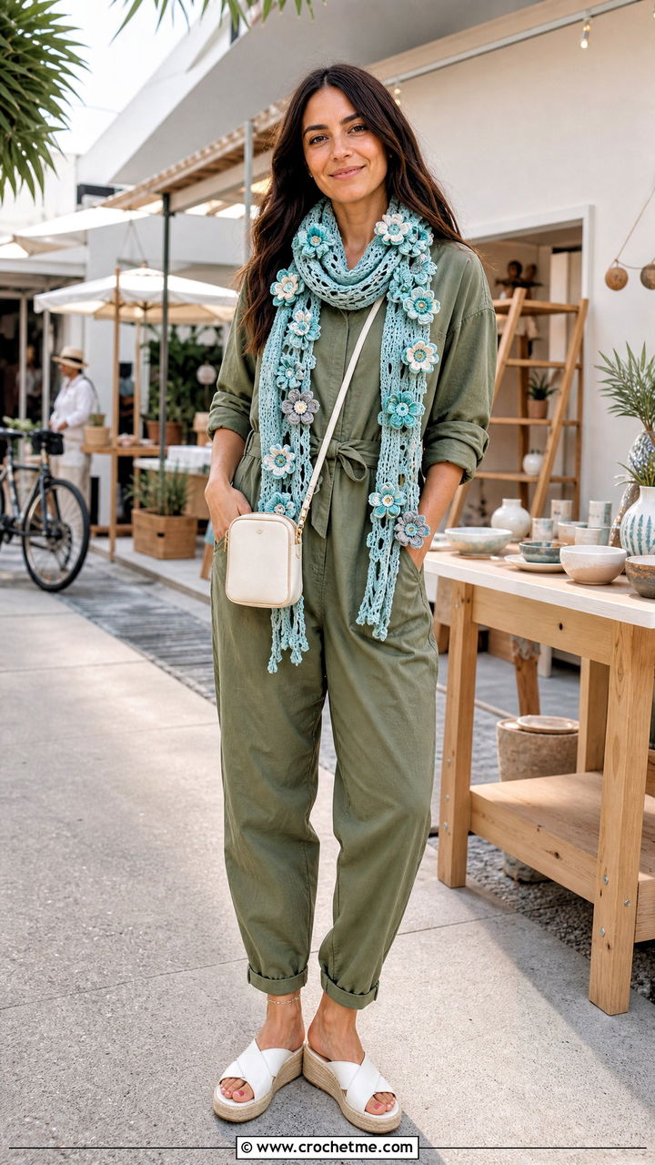 Floral Applique Crochet Scarf With Utility Jumpsuit - 35 simple crochet scarf outfit ideas