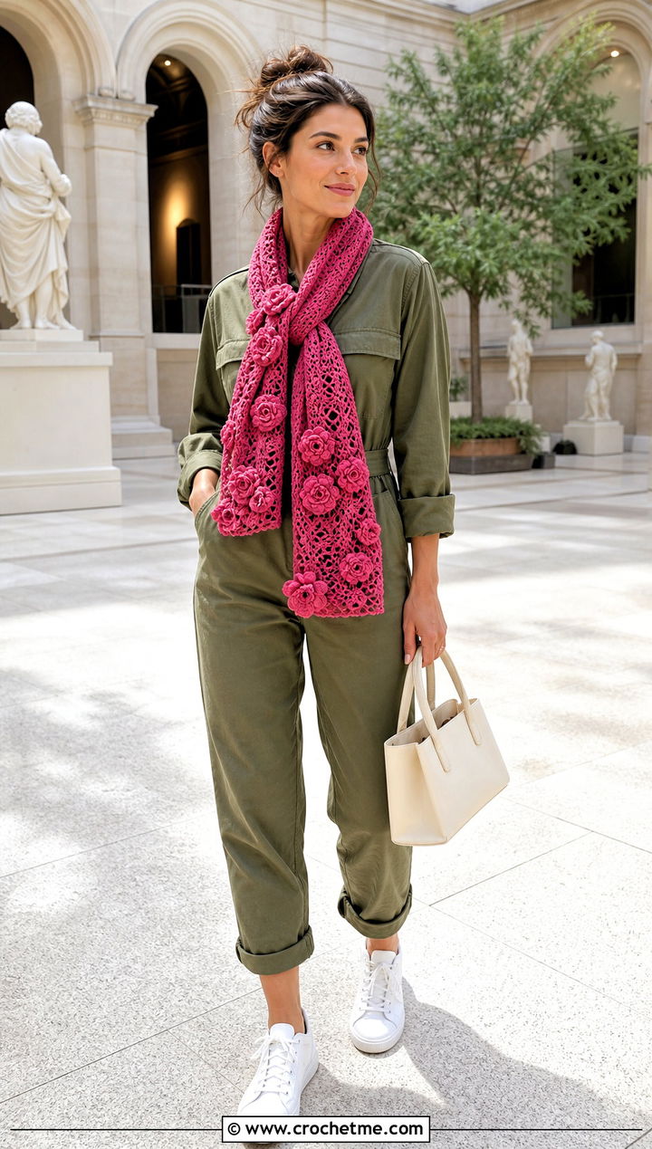 Floral Applique Crochet Scarf With Utility Jumpsuit - 35 crochet scarves outfit ideas