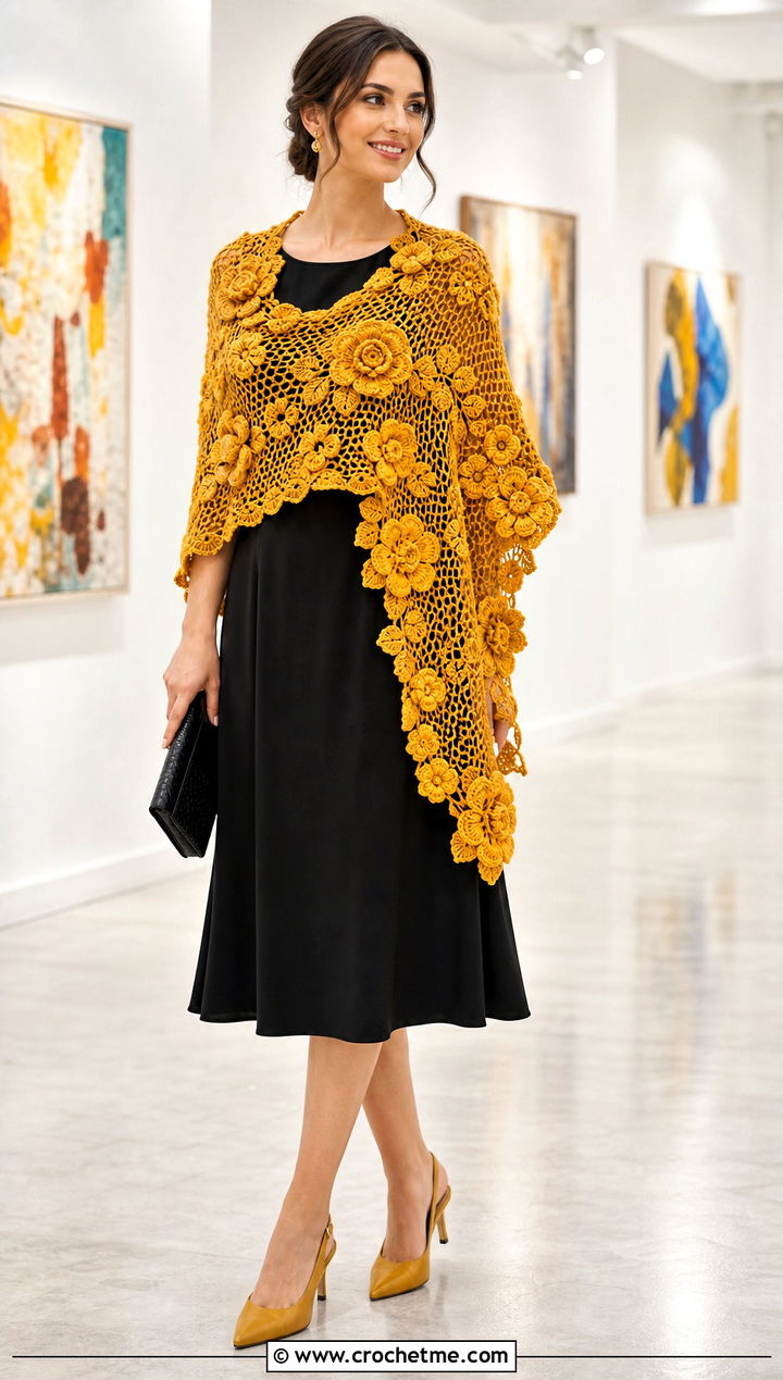 Floral Applique Crochet Shawl With Black Midi Dress - 35 easy crochet shawl outfit ideas