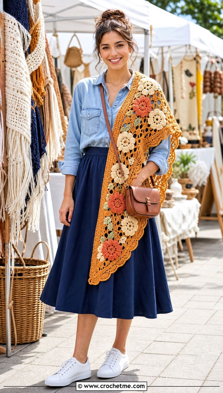 Floral Applique Crochet Shawl With Denim Shirt And A Line Skirt - 35 quick crochet shawl outfit ideas