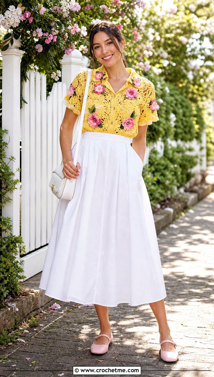 Floral Applique Crochet Shirt With Poplin Skirt - 30 easy crochet shirt outfit ideas
