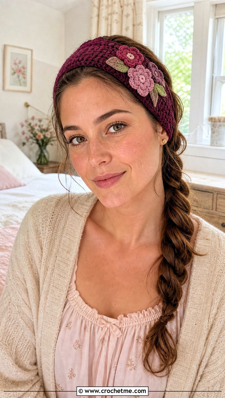Floral Applique Crochet Skincare Headband With Nightdress - 15 Crochet Skincare Headband outfit ideas