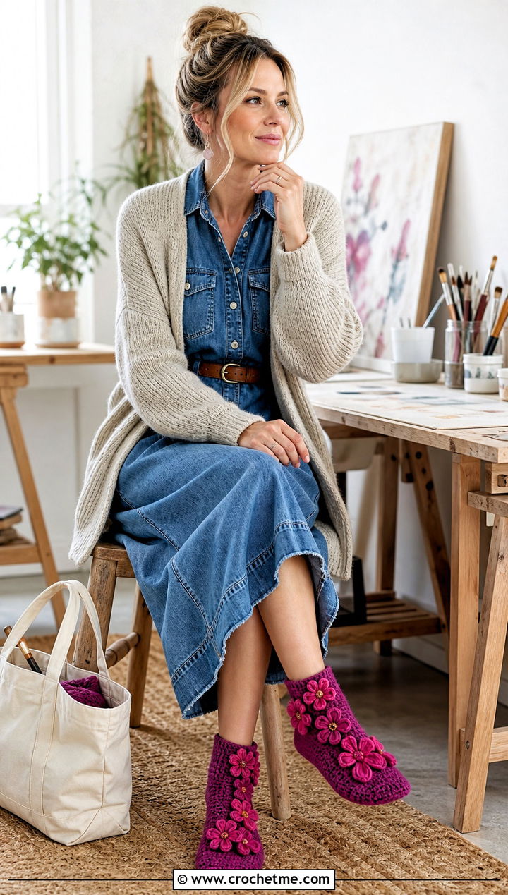 Floral Applique Crochet Slipper Socks With Denim Dress - 25 Crochet Slipper Socks outfit ideas