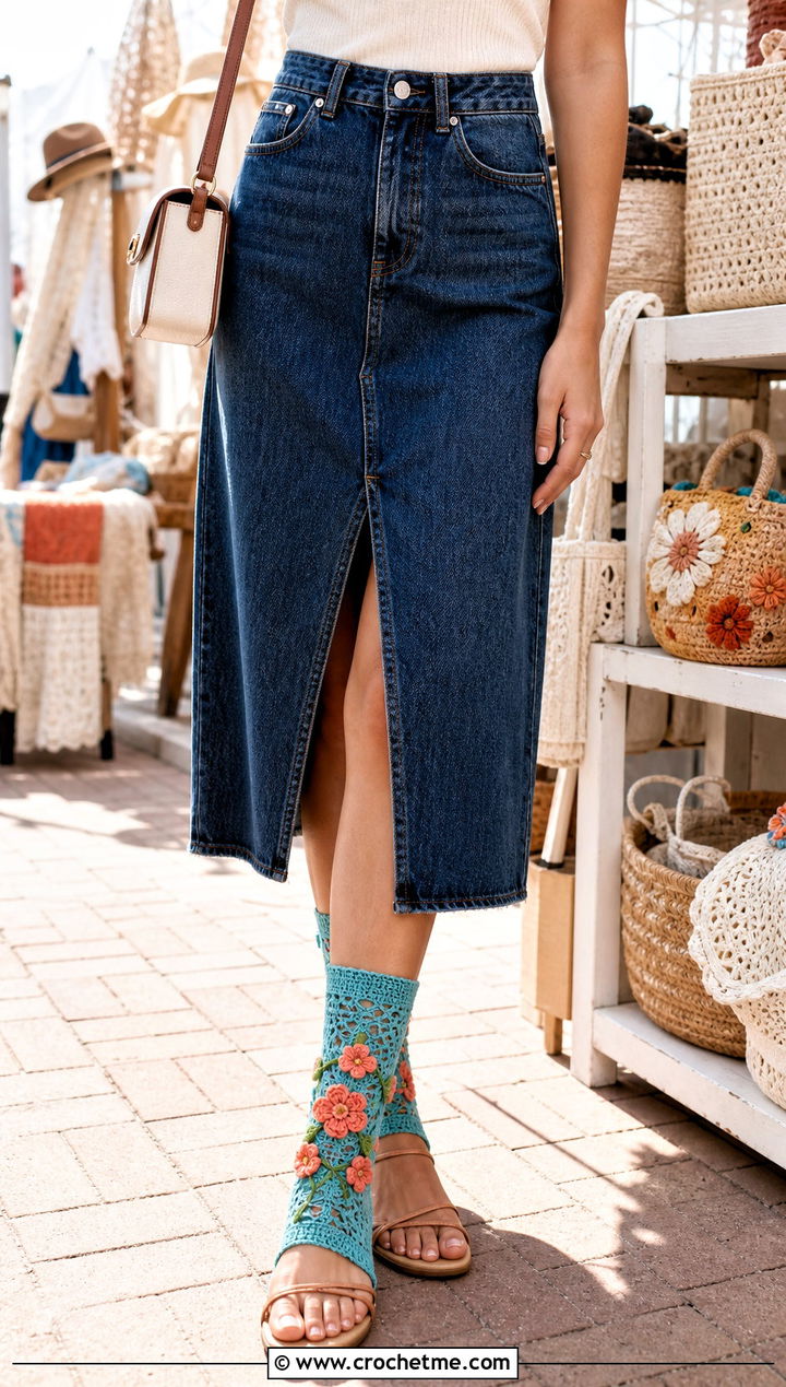 Floral Applique Crochet Socks With Denim Midi Skirt - 35 easy crocheted socks outfit ideas