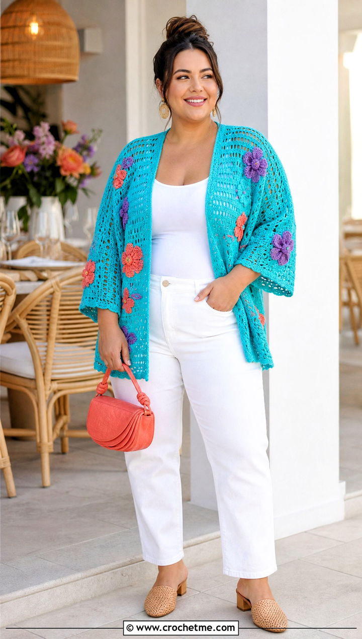 Floral Applique Crochet Summer Cardigan With White Jeans - 30 plus size crochet summer cardigan outfit ideas