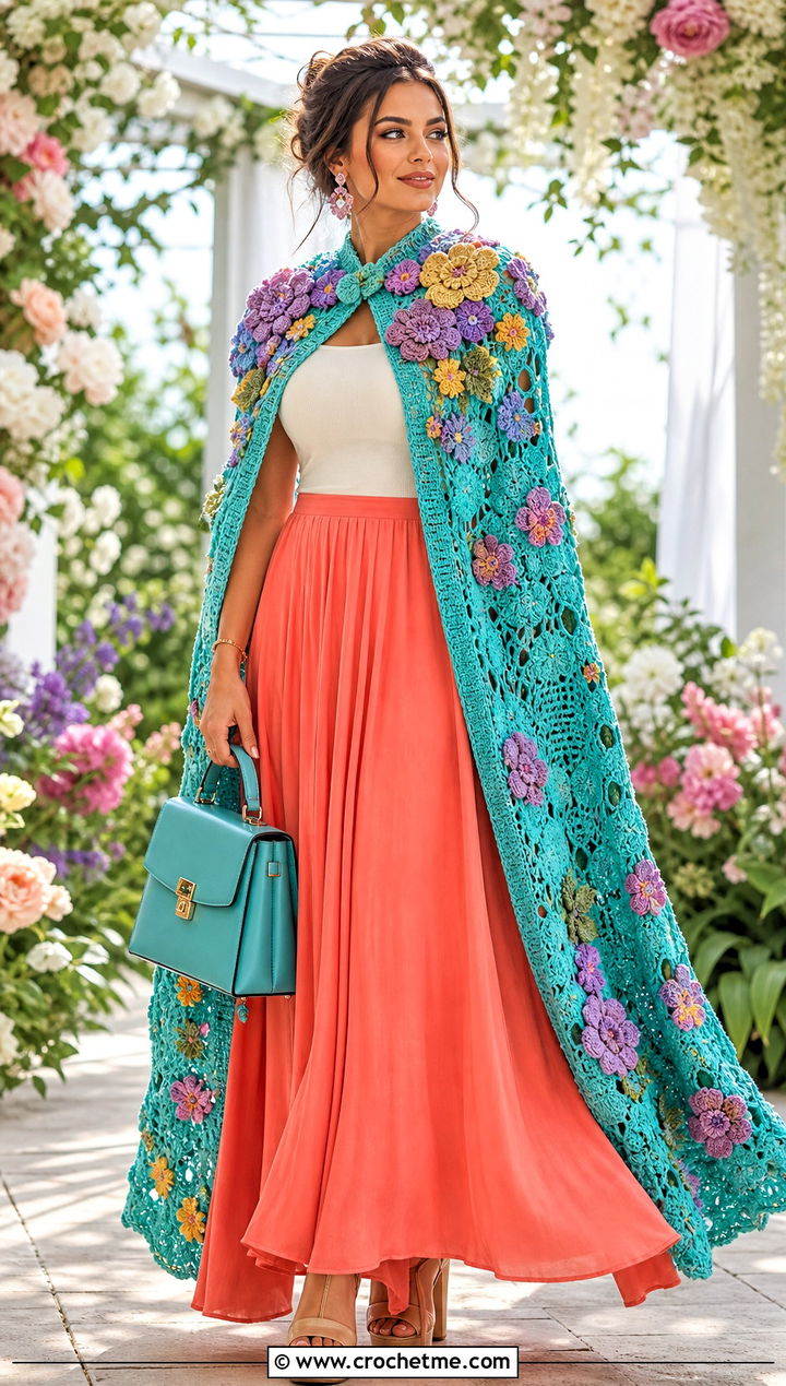 Floral Applique Crochet Super Hero Cape With Maxi Skirt - 25 Crochet Super Hero Cape outfit ideas