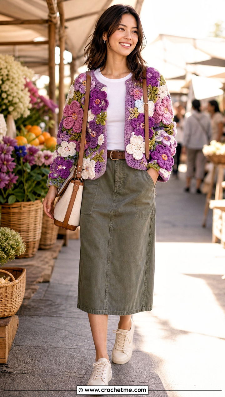 Floral Applique Crochet Sweater Jacket With Utility Skirt - 20 Crochet Sweater Jacket outfit ideas